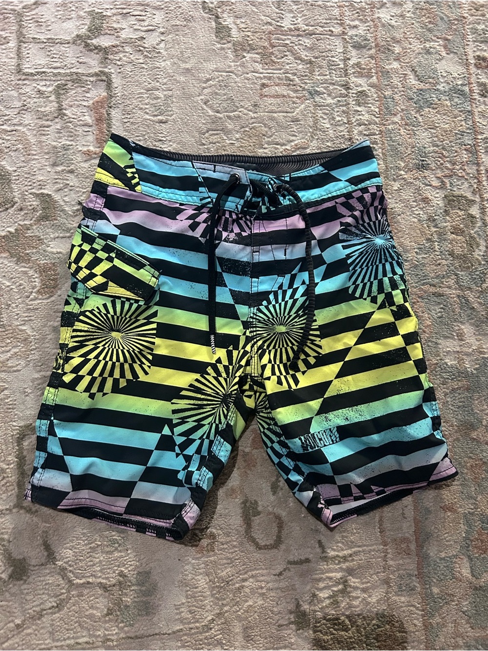 Volcom Kids Black, Yellow, Blue, Purple Striped Swim Trunks